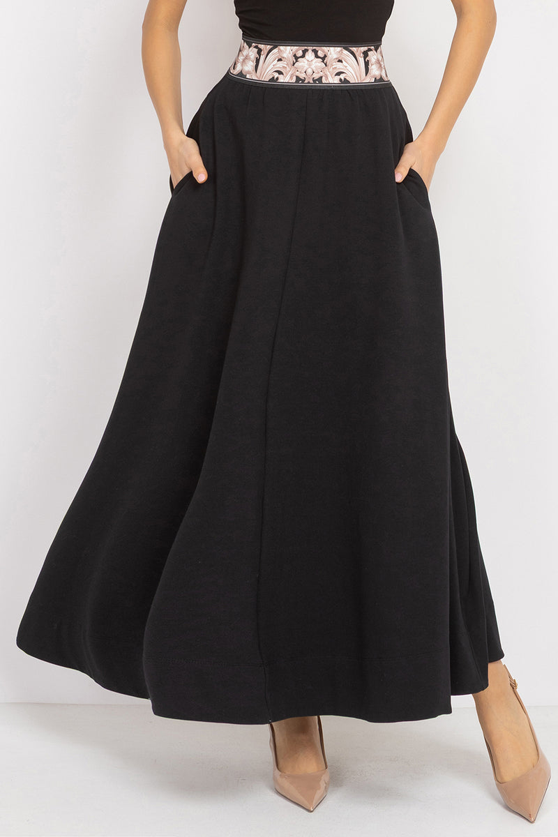 LONG BLACK COTTON SKIRT WITH ELASTIC WAIST AND SIDE POCKETS - ESSENTIALS