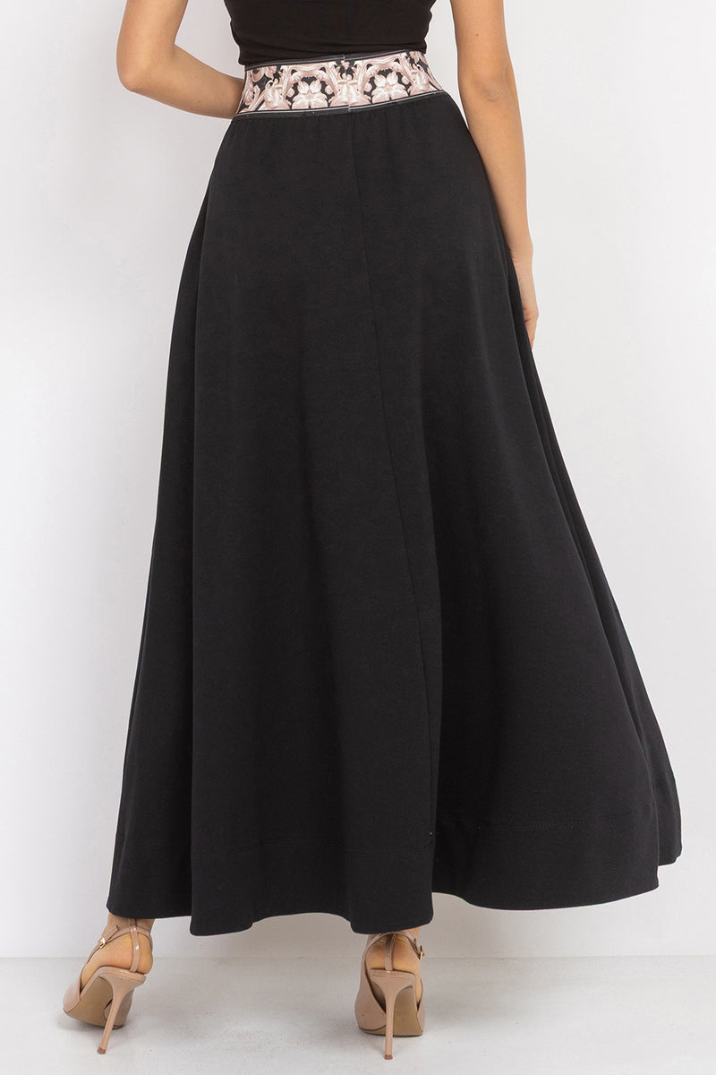 LONG BLACK COTTON SKIRT WITH ELASTIC WAIST AND SIDE POCKETS - ESSENTIALS