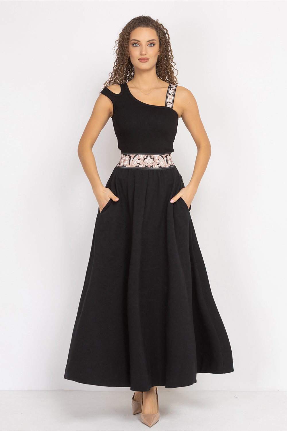LONG BLACK COTTON SKIRT WITH ELASTIC WAIST AND SIDE POCKETS - ESSENTIALS