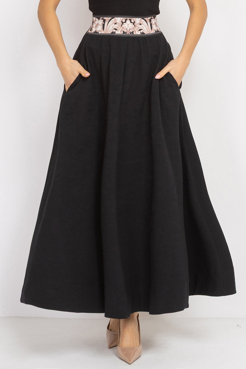 LONG BLACK COTTON SKIRT WITH ELASTIC WAIST AND SIDE POCKETS - ESSENTIALS