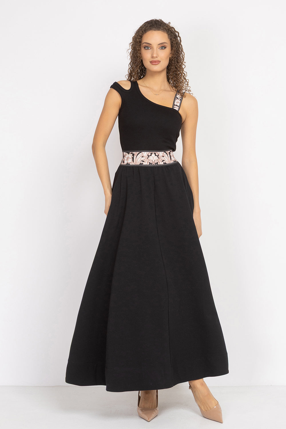 LONG BLACK COTTON SKIRT WITH ELASTIC WAIST AND SIDE POCKETS - ESSENTIALS