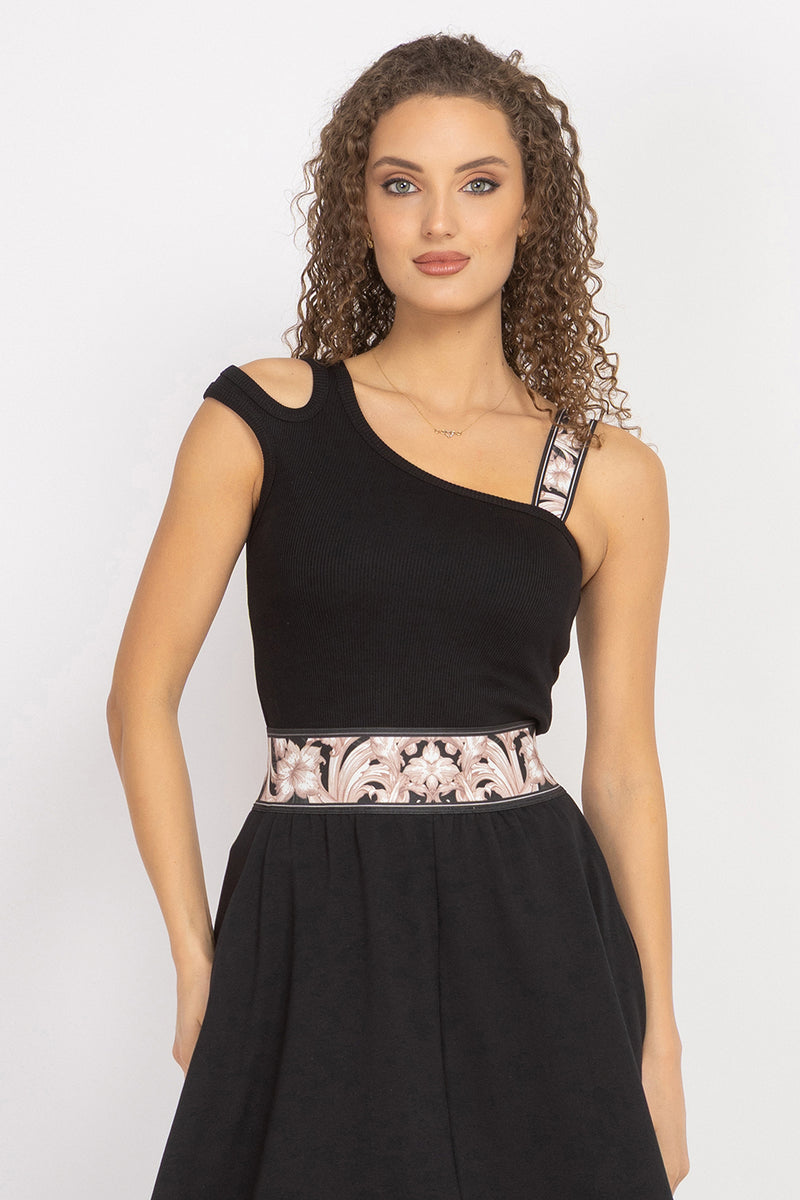 ASYMMETRICAL RIBBED TANK TOP IN BLACK WITH ELASTIC STRAP BAROQUE PEARL - ESSENTIALS