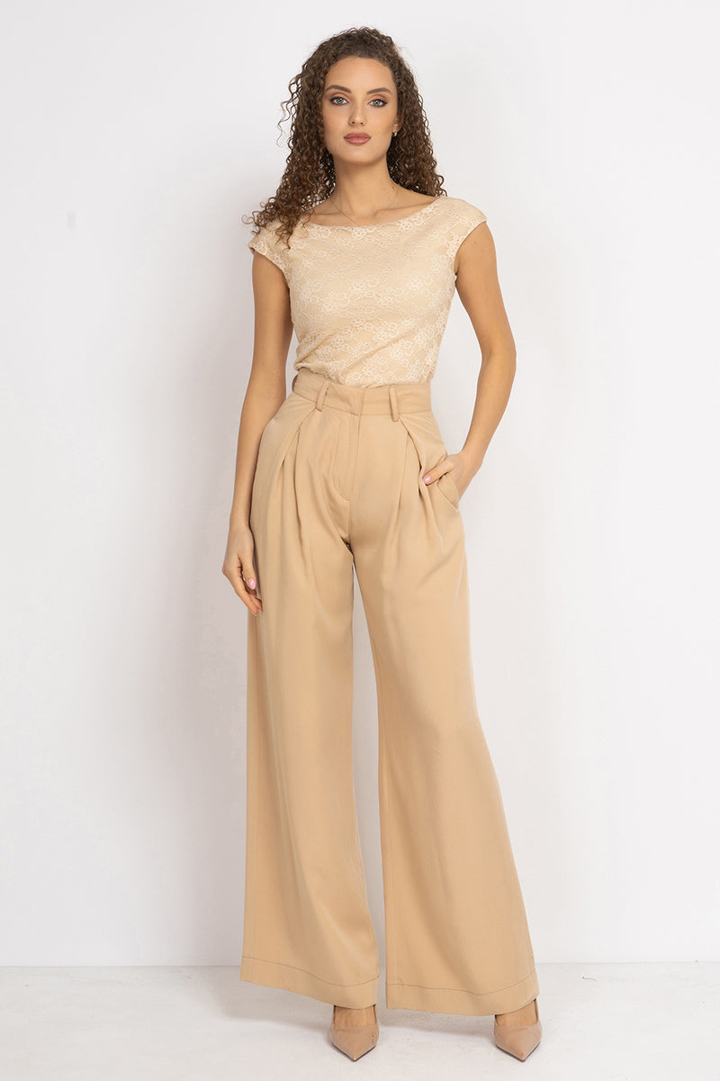 BEIGE LOOSE-FIT LYOCELL PANTS WITH PLEATS - ESSENTIALS JIORO СВОБОДЕН ПАНТАЛОН ОТ ЛИОСЕЛ В БЕЖОВО - ESSENTIALS JIORO