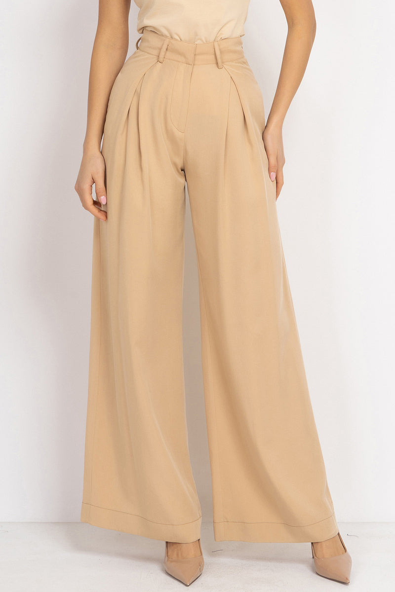 BEIGE LOOSE-FIT LYOCELL PANTS WITH PLEATS - ESSENTIALS JIORO СВОБОДЕН ПАНТАЛОН ОТ ЛИОСЕЛ В БЕЖОВО - ESSENTIALS JIORO