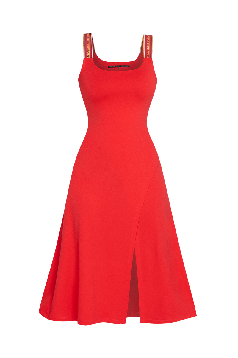 WATERMELON VISCOSE STRAP DRESS WITH ELASTIC DETAIL AND SOFT A-LINE SILHOUETTE - ESSENTIALS JIORO РОКЛЯ ОТ ВИСКОЗА С ЕЛАСТИЧНИ ПРЕЗРАМКИ И А-СИЛУЕТ В ЦВЯТ ДИНЯ - ESSENTIALS JIORO
