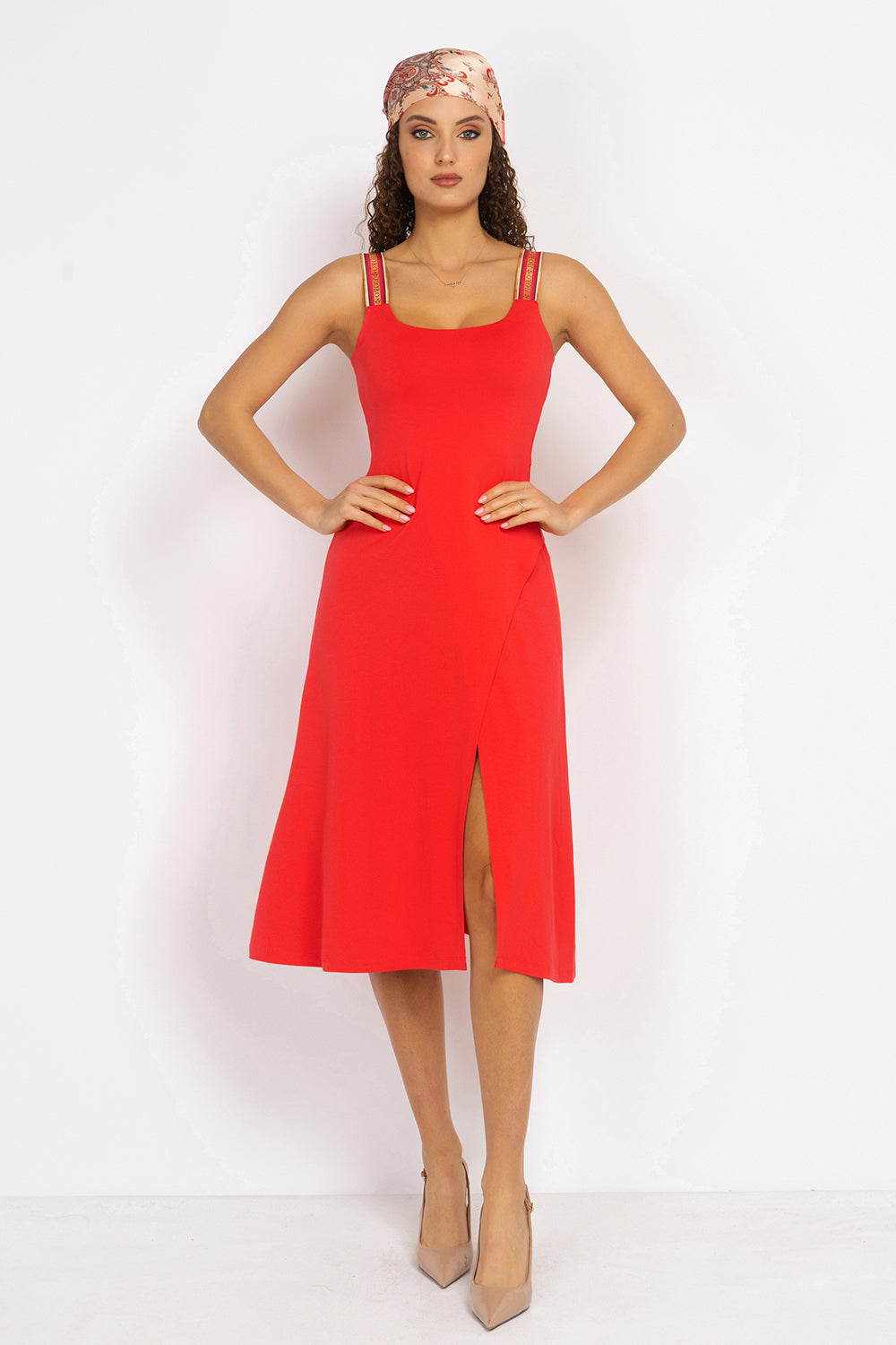 WATERMELON VISCOSE STRAP DRESS WITH ELASTIC DETAIL AND SOFT A-LINE SILHOUETTE - ESSENTIALS