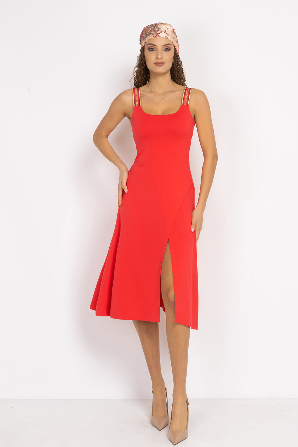 WATERMELON VISCOSE STRAP DRESS WITH ELASTIC DETAIL AND SOFT A-LINE SILHOUETTE - ESSENTIALS