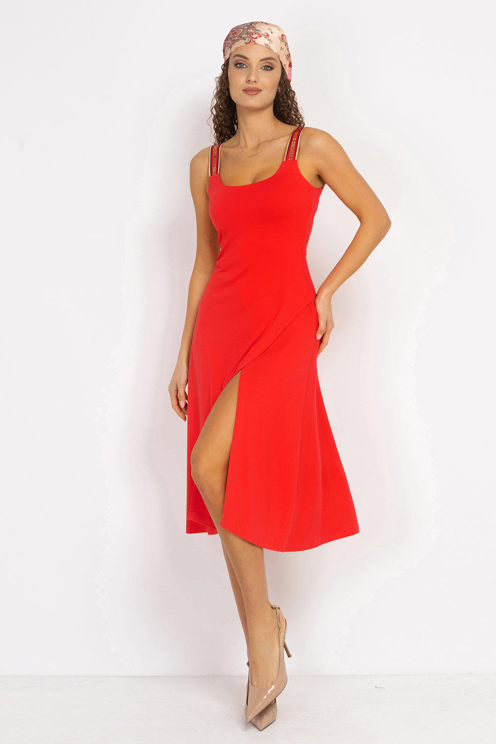 WATERMELON VISCOSE STRAP DRESS WITH ELASTIC DETAIL AND SOFT A-LINE SILHOUETTE - ESSENTIALS