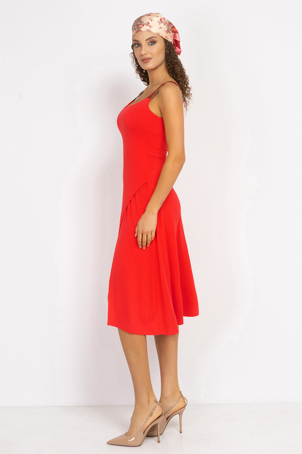 WATERMELON VISCOSE STRAP DRESS WITH ELASTIC DETAIL AND SOFT A-LINE SILHOUETTE - ESSENTIALS