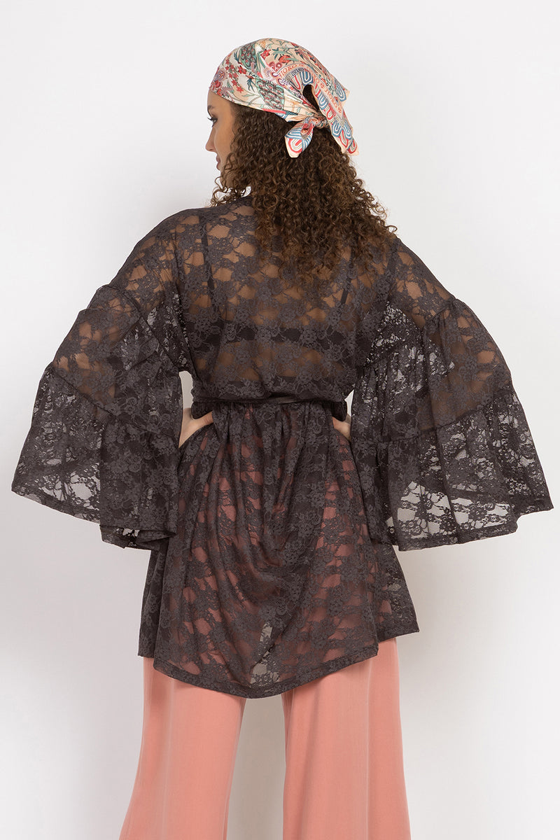 ASYMMETRIC LACE TUNIC WITH GATHERED DETAILS ESPRESSO - ESSENTIALS JIORO АСИМЕТРИЧНА ДАНТЕЛЕНА ТУНИКА С НАБОРИ В ЕСПРЕСО – ESSENTIALS JIORO