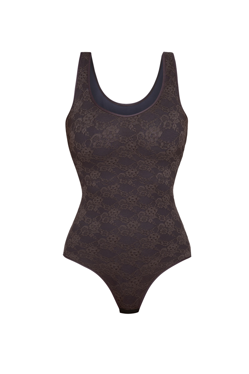 LACE BODYSUIT WITH DEEP SCOOP NECKLINE ESPRESSO - ESSENTIALS