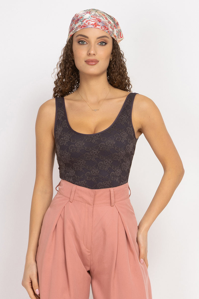 LACE BODYSUIT WITH DEEP SCOOP NECKLINE ESPRESSO - ESSENTIALS