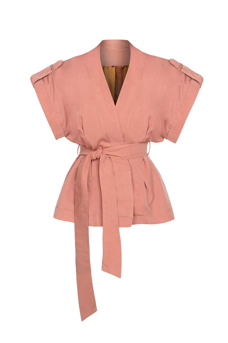 POWDER SHORT-SLEEVE JACKET WITH BELT AND LINING - ESSENTIALS JIORO САКО ОТ ЛИОСЕЛ ТИП КИМОНО С КЪС РЪКАВ И КОЛАН В ЦВЯТ ПУДРА - ESSENTIALS JIORO