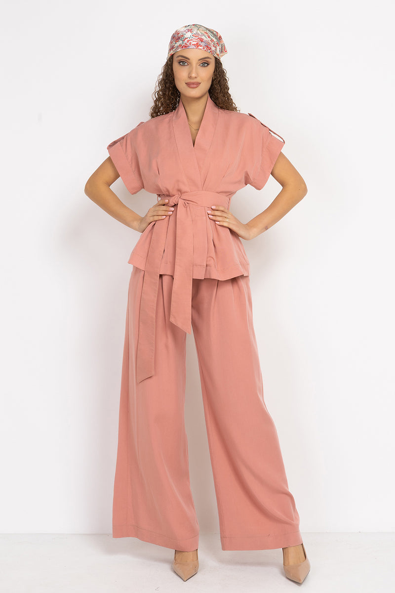 POWDER SHORT-SLEEVE JACKET WITH BELT AND LINING - ESSENTIALS JIORO САКО ОТ ЛИОСЕЛ ТИП КИМОНО С КЪС РЪКАВ И КОЛАН В ЦВЯТ ПУДРА - ESSENTIALS JIORO