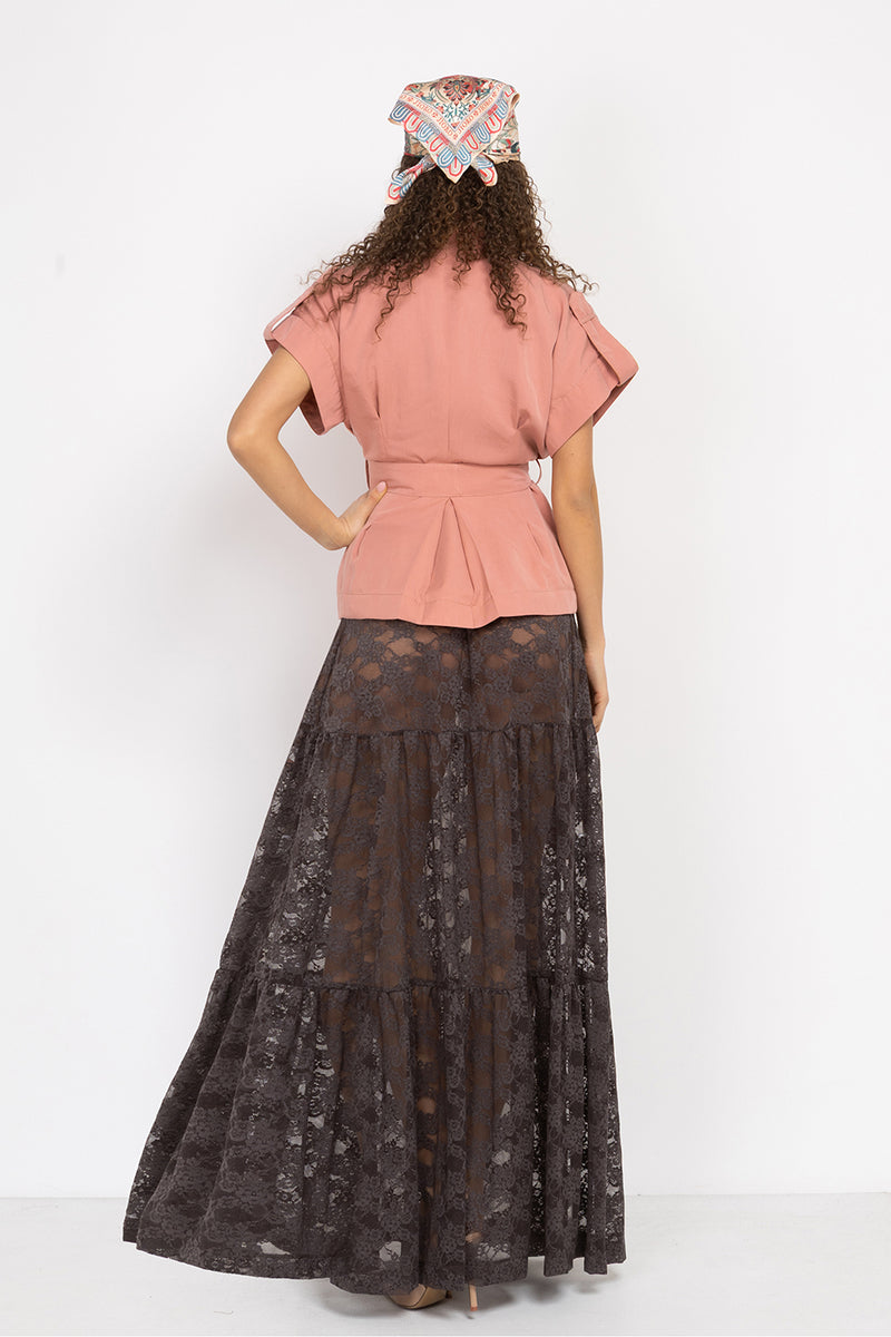 POWDER SHORT-SLEEVE JACKET WITH BELT AND LINING - ESSENTIALS JIORO САКО ОТ ЛИОСЕЛ ТИП КИМОНО С КЪС РЪКАВ И КОЛАН В ЦВЯТ ПУДРА - ESSENTIALS JIORO