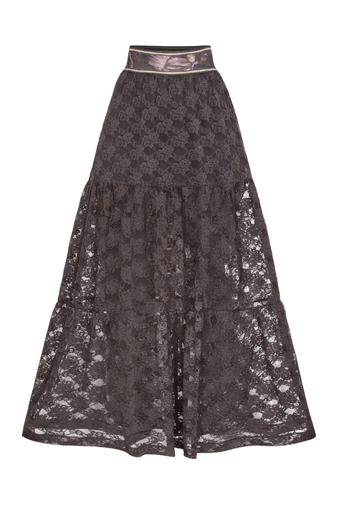 ESPRESSO BOHO LACE SKIRT WITH SHORT LINING - ESSENTIALS JIORO ДАНТЕЛЕНА БОХО ПОЛА В ЦВЯТ ЕСПРЕСО С КЪСА ПАМУЧНА ПОДПЛАТА- ESSENTIALS JIORO