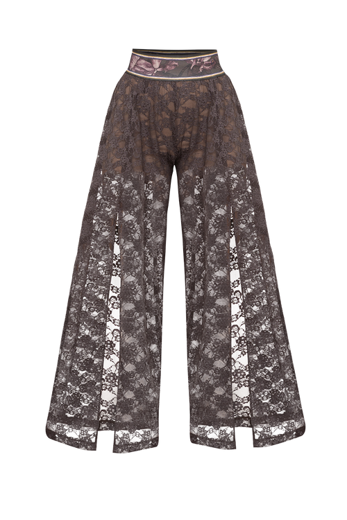 LONG FLARED LACE PANTS WITH SLITS ESPRESSO - ESSENTIALS JIORO ДЪЛЪГ КЛОШ ПАНТАЛОН ОТ ДАНТЕЛА В ЦВЯТ ЕСПРЕСО С ДЪЛБОКИ ЦЕПКИ – ESSENTIALS JIORO