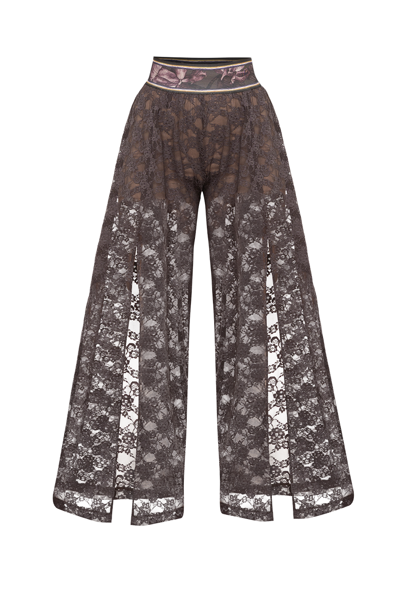 LONG FLARED LACE PANTS WITH SLITS ESPRESSO - ESSENTIALS JIORO ДЪЛЪГ КЛОШ ПАНТАЛОН ОТ ДАНТЕЛА В ЦВЯТ ЕСПРЕСО С ДЪЛБОКИ ЦЕПКИ – ESSENTIALS JIORO