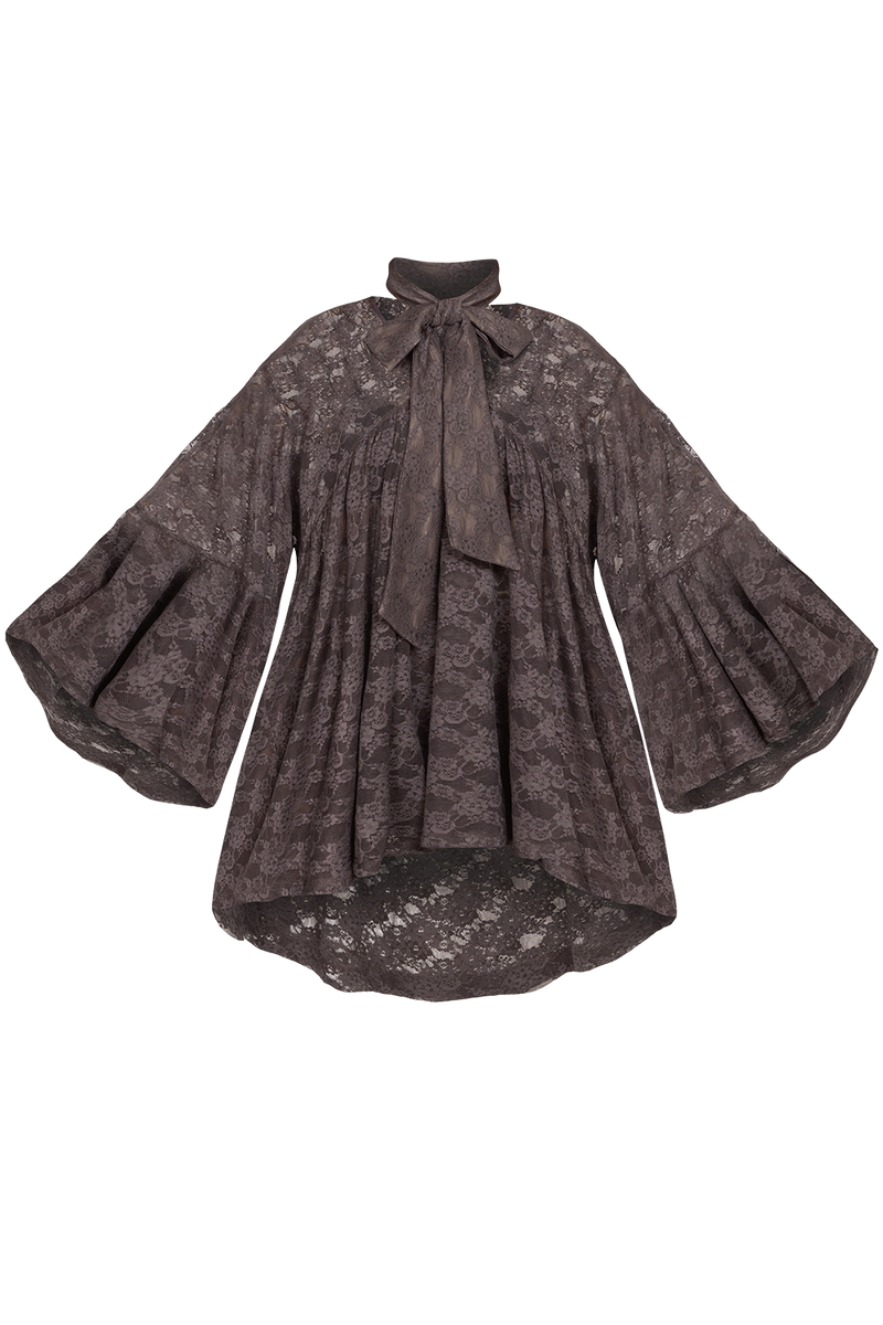 ASYMMETRIC LACE TUNIC WITH GATHERED DETAILS ESPRESSO - ESSENTIALS JIORO АСИМЕТРИЧНА ДАНТЕЛЕНА ТУНИКА С НАБОРИ В ЕСПРЕСО – ESSENTIALS JIORO