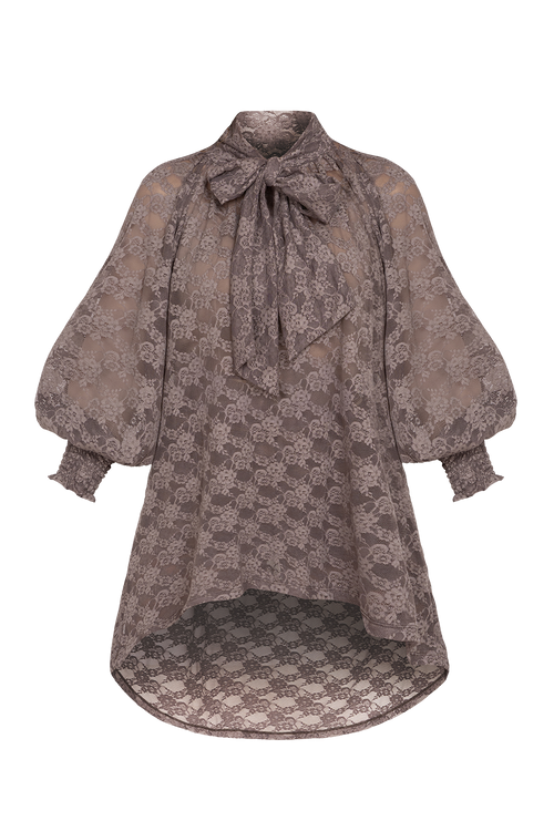 MOCHA LACE SHIRT WITH FRONT BOW AND LONG BACK - ESSENTIALS JIORO ДАНТЕЛЕНА РИЗА В ЦВЯТ МОКА С ИЗДЪЛЖЕН ГРЪБ - ESSENTIALS JIORO