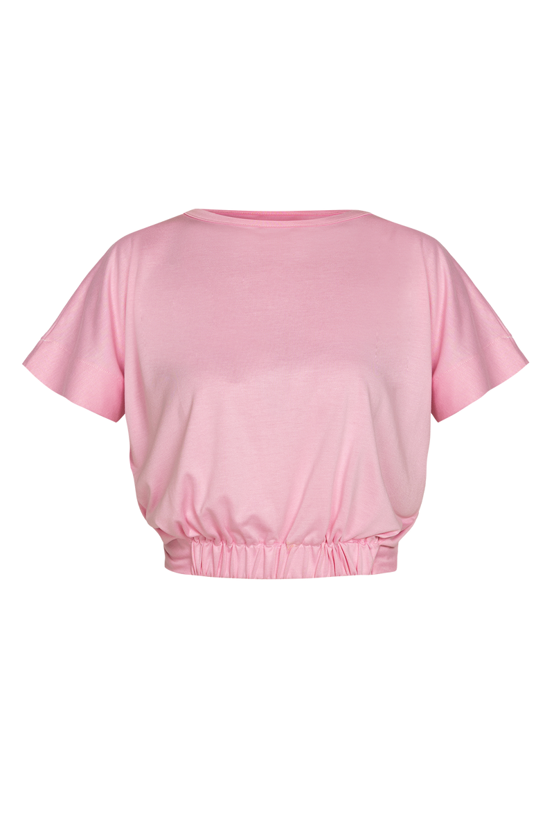 BABY PINK MODAL JERSEY CROPPED TOP WITH KNOT AND GATHERS – ESSENTIALS JIORO МУЛТИФУНКЦИОНАЛЕН РОЗОВ КРОП ТОП ОТ МОДАЛ С НАБОР - ESSENTIALS JIORO