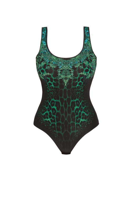MESH BODYSUIT WITH DEEP SCOOP NECKLINE AND MODAL LINING - LEO NEON GREEN JIORO БОДИ ОТ МРЕЖА БЕЗ РЪКАВИ С ДЪЛБОКО ОБЛО ДЕКОЛТЕ И ПОДПЛАТА ОТ МЕК МОДАЛ - LEO NEON GREEN JIORO