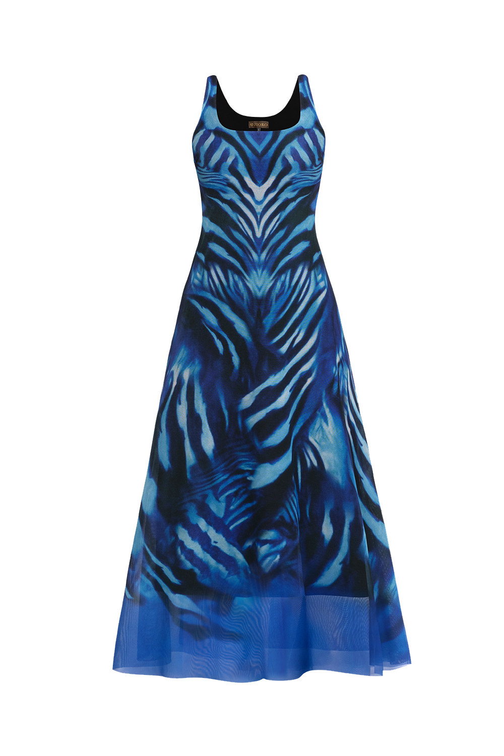 SLEEVELESS LONG MESH DRESS WITH SOFT MODAL LINING - SHADES OF BLUE