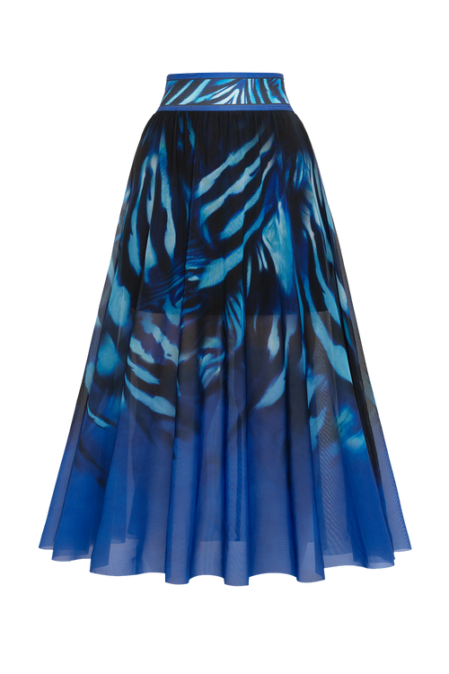 FLARED MESH SKIRT WITH MODAL LINING - SHADES OF BLUE JIORO ДЪЛГА ПОЛА ОТ МРЕЖА С ПОДПЛАТА ОТ МОДАЛ - SHADES OF BLUE JIORO 