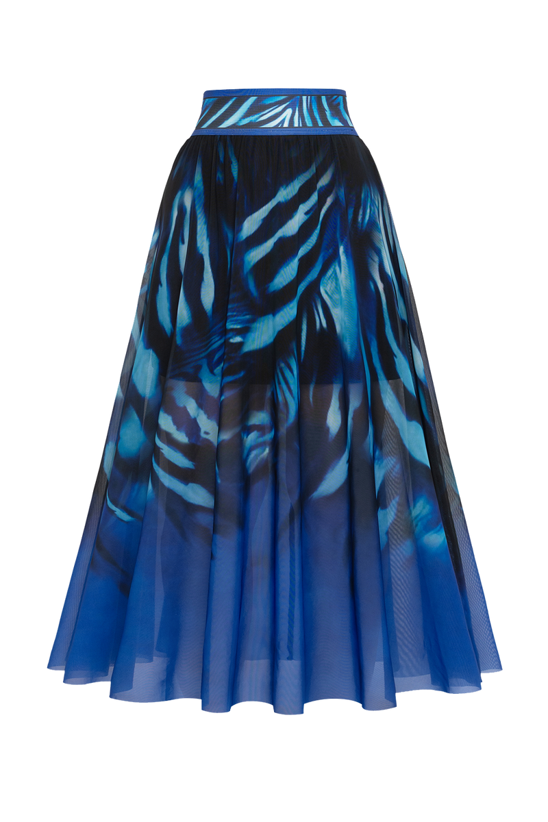 FLARED MESH SKIRT WITH MODAL LINING - SHADES OF BLUE JIORO ДЪЛГА ПОЛА ОТ МРЕЖА С ПОДПЛАТА ОТ МОДАЛ - SHADES OF BLUE JIORO 