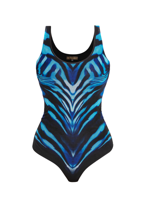 SLEEVELESS MESH BODYSUIT WITH DEEP SCOOP NECKLINE AND MODAL LINING - SHADES OF BLUE JIORO МРЕЖЕСТО БОДИ БЕЗ РЪКАВИ С ПОДПЛАТА ОТ МОДАЛ – SHADES OF BLUE JIORO