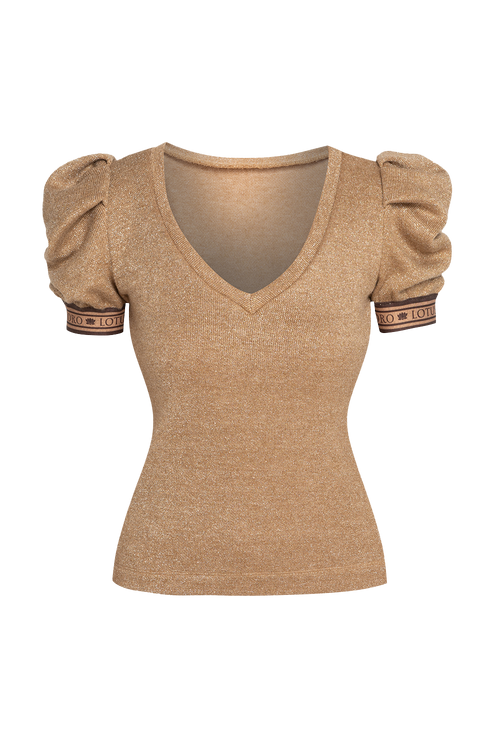 GOLD LUREX V-NECK TOP WITH PUFF SLEEVES - ESSENTIALS JIORO ТОП ОТ ЗЛАТИСТ ЛУРЕКС С БУФАН РЪКАВИ - ESSENTIALS JIORO