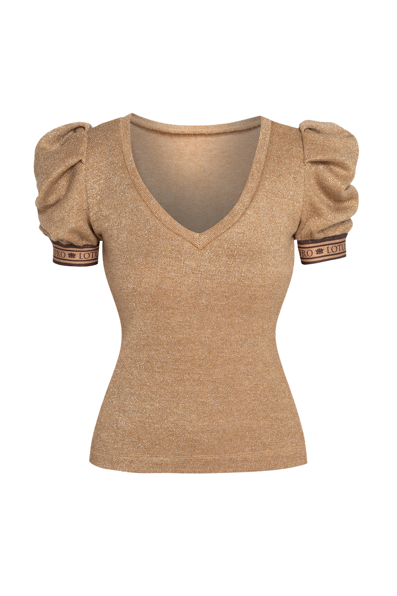 GOLD LUREX V-NECK TOP WITH PUFF SLEEVES - ESSENTIALS JIORO ТОП ОТ ЗЛАТИСТ ЛУРЕКС С БУФАН РЪКАВИ - ESSENTIALS JIORO