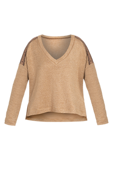 GOLD LUREX V-NECK TOP - ESSENTIALS JIORO СВОБОДЕН ТОП ОТ ЗЛАТИСТ ЛУРЕКС С V-ДЕКОЛТЕ - ESSENTIALS JIORO