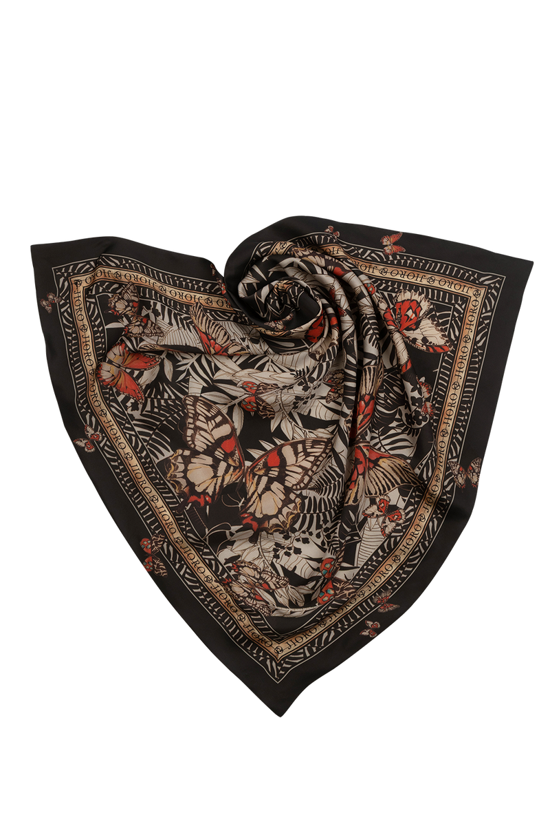 SQUARE VISCOSE HEADSCARF - MIDNIGHT BUTTERFLIES JIORO КВАДРАТНА КЪРПА ЗА ГЛАВА ОТ ВИСКОЗА - MIDNIGHT BUTTERFLIES JIORO