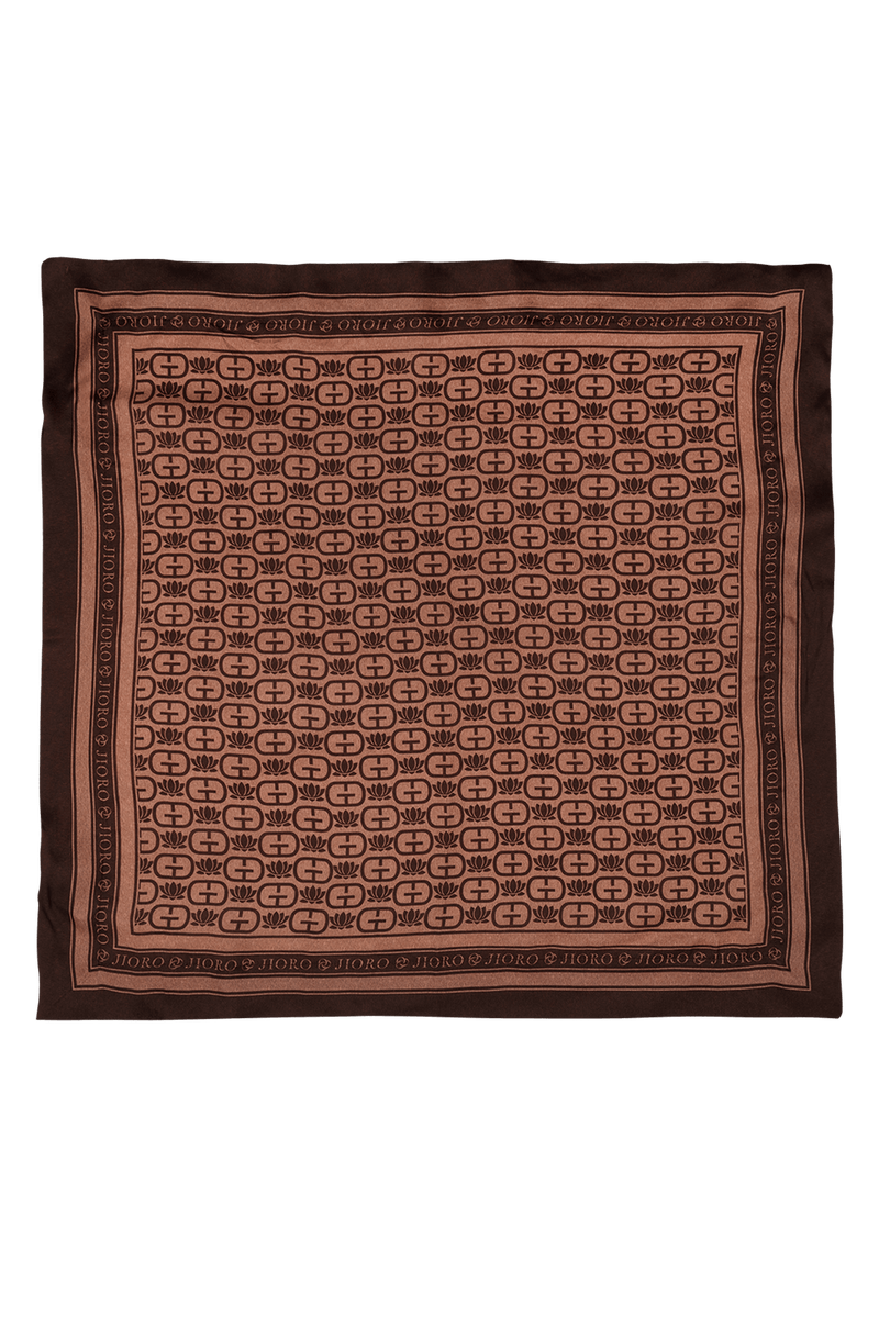 SQUARE VISCOSE HEADSCARF - MOCHA MOUSSE LOGO JIORO КВАДРАТНА КЪРПА ЗА ГЛАВА ОТ ВИСКОЗА – MOCHA MOUSSE LOGO JIORO