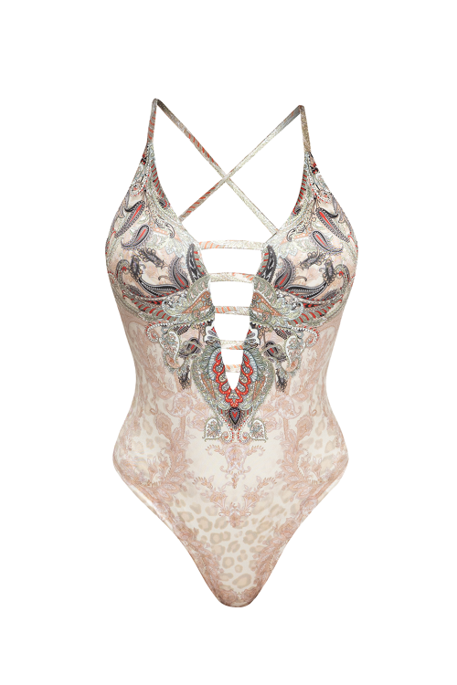 DEEP V-NECK SWIMSUIT – PAISLEY BEIGE