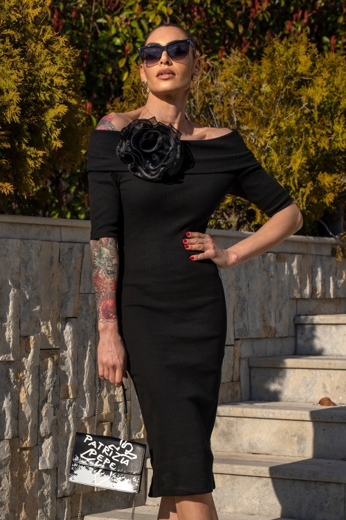FITTED BLACK COTTON RIB DRESS WITH FLOWERS - DIVAnilla - look 9