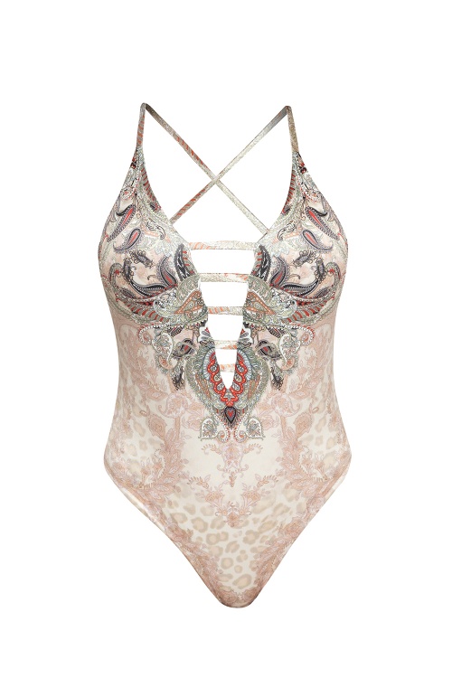 DEEP V-NECK SWIMSUIT – PAISLEY BEIGE