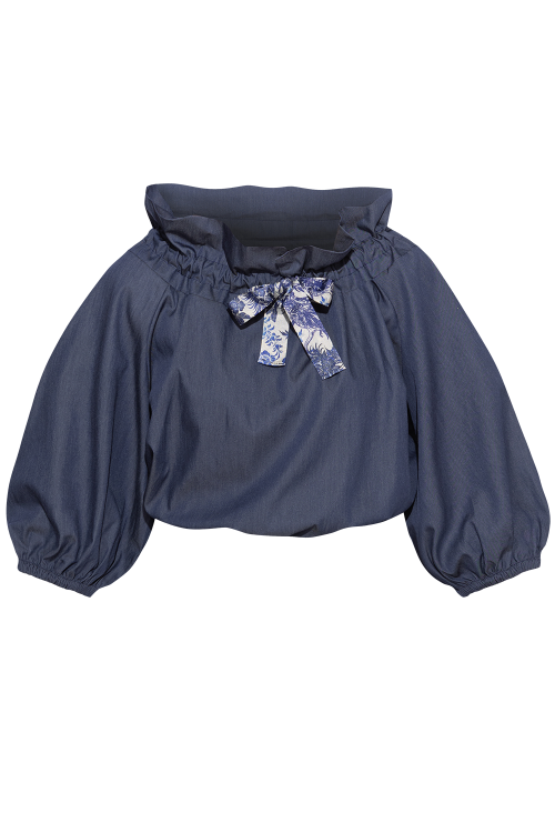 RUFFLED HIGH-NECK BLOUSE WITH PUFF SLEEVES - ASYA SKY