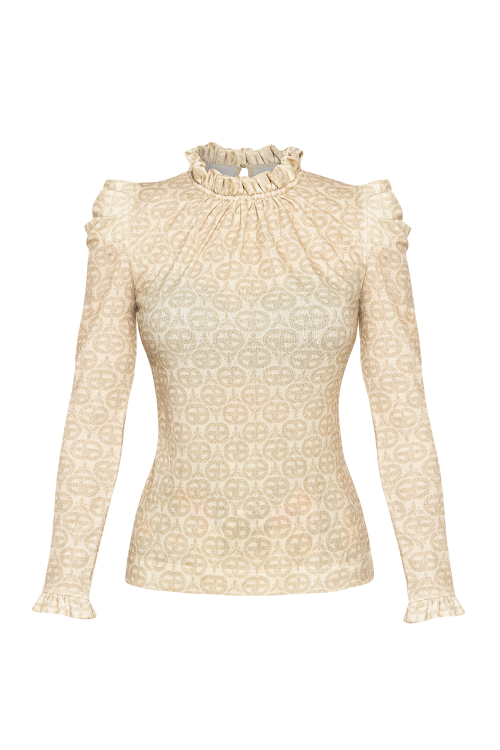 BLOUSE WITH GATHERED NECKLINE AND LOGO PRINT - IVORY LOGO COLLECTION