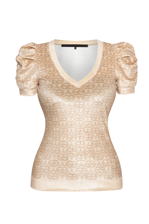 BLOUSE WITH PUFF SLEEVES AND V-NECKLINE - IVORY LOGO