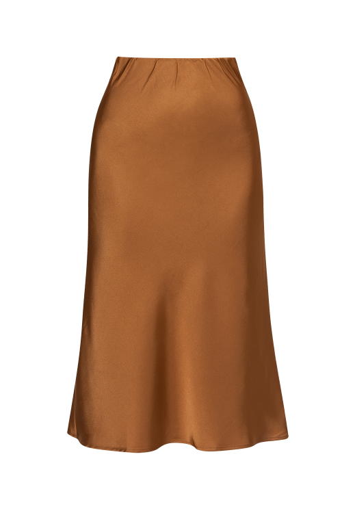 BIAS-CUT SATIN SKIRT WITH ELASTIC WAISTBAND IN BROWN - ESSENTIALS