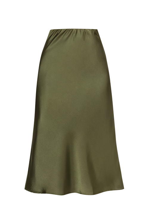 BIAS-CUT SATIN SKIRT WITH ELASTIC WAISTBAND IN GREEN - ESSENTIALS