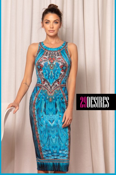 FITTED DRESS – TURQUOISE FEATHERS