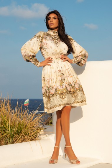LONG SLEEVE DRESS IN BAIGE - BAROQUE AND FLORAL MOTIVES