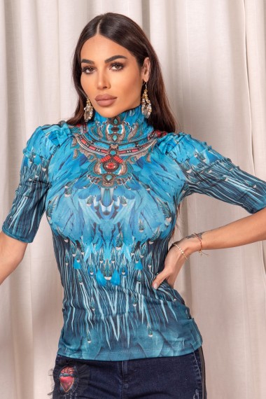 TOP WITH SHOULDER FRILLS - TURQUOISE FEATHERS