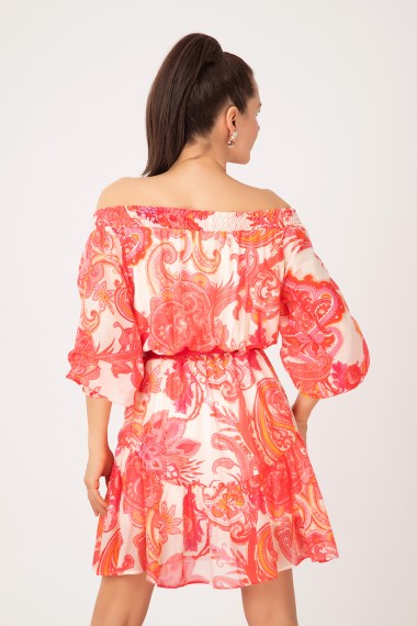 OPEN SHOULDER DRESS - PAISLEY RED FLOWERS