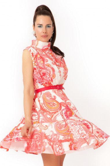 LINEN DRESS WITHOUT SLEEVE - PAISLEY RED FLOWERS