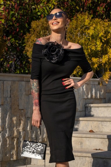 FITTED BLACK COTTON RIB DRESS WITH FLOWERS - DIVAnilla