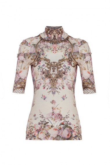 TOP WITH SHOULDER FRILLS - BAROQUE WITH FLORAL MOTIVES